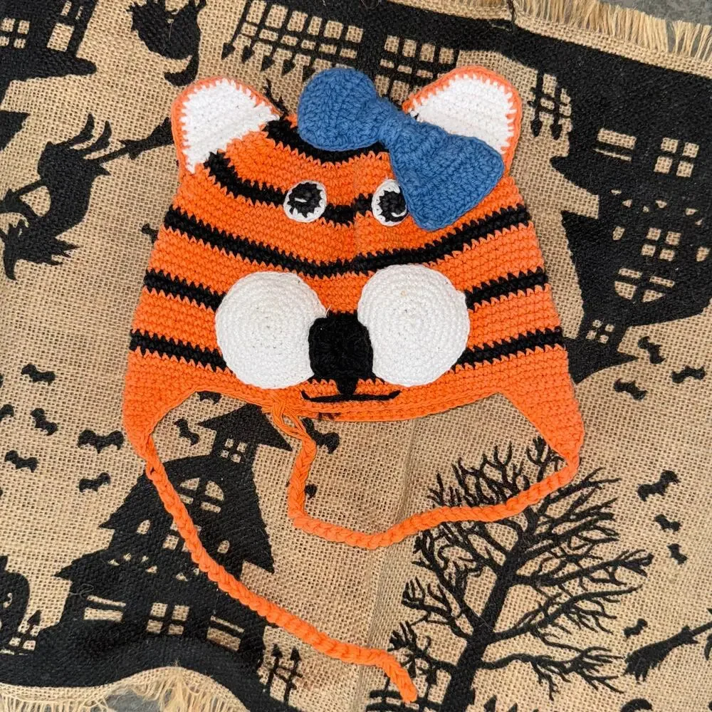 CUTE Orange Crochet Tiger‎ Face Infant Hat Ties